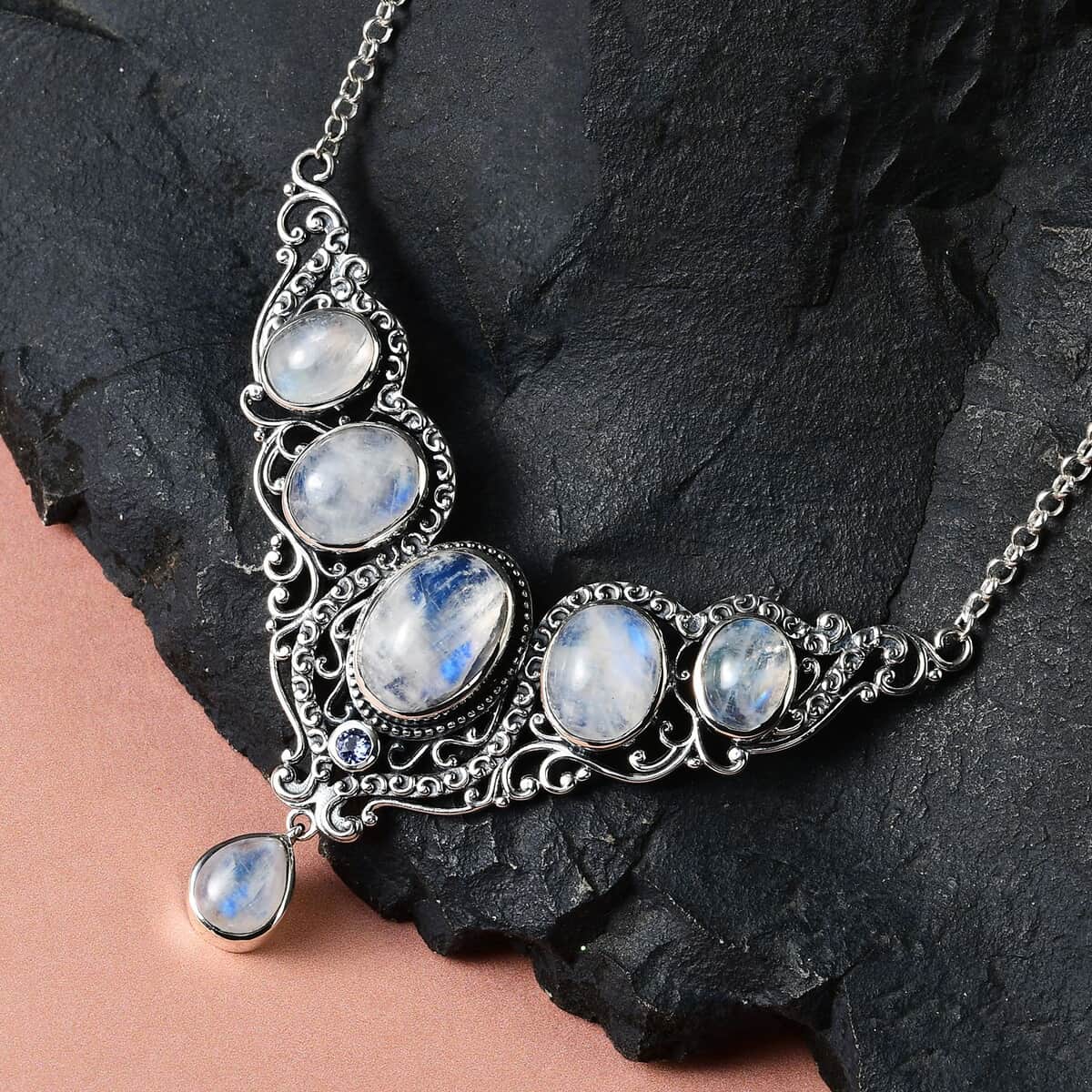 Artisan Crafted Rainbow Moonstone and Tanzanite Necklace 18 Inches in Sterling Silver 22.65 ctw image number 1