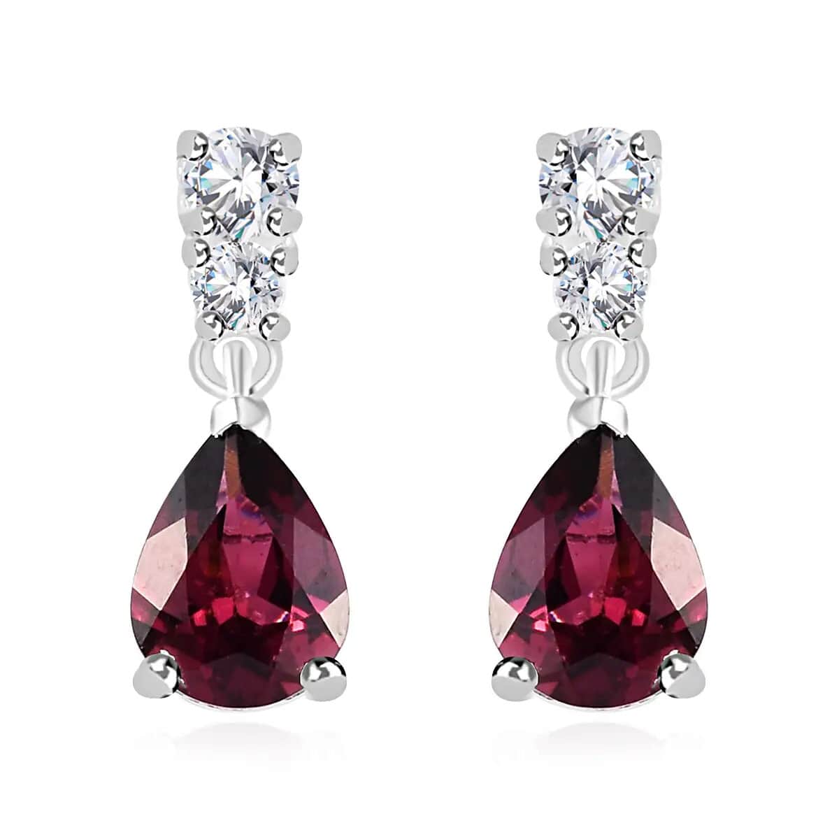 Orissa Rhodolite Garnet, Simulated Diamond Earrings in Sterling Silver, Silver Drop Earrings 3.15 ctw image number 0