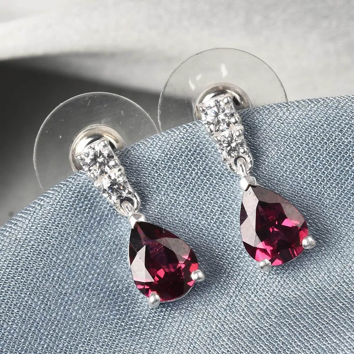 Orissa Rhodolite Garnet, Simulated Diamond Earrings in Sterling Silver, Silver Drop Earrings 3.15 ctw image number 1