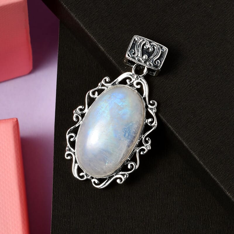 Artisan Crafted Rainbow Moonstone Pendant in Sterling Silver 21.00 ctw
