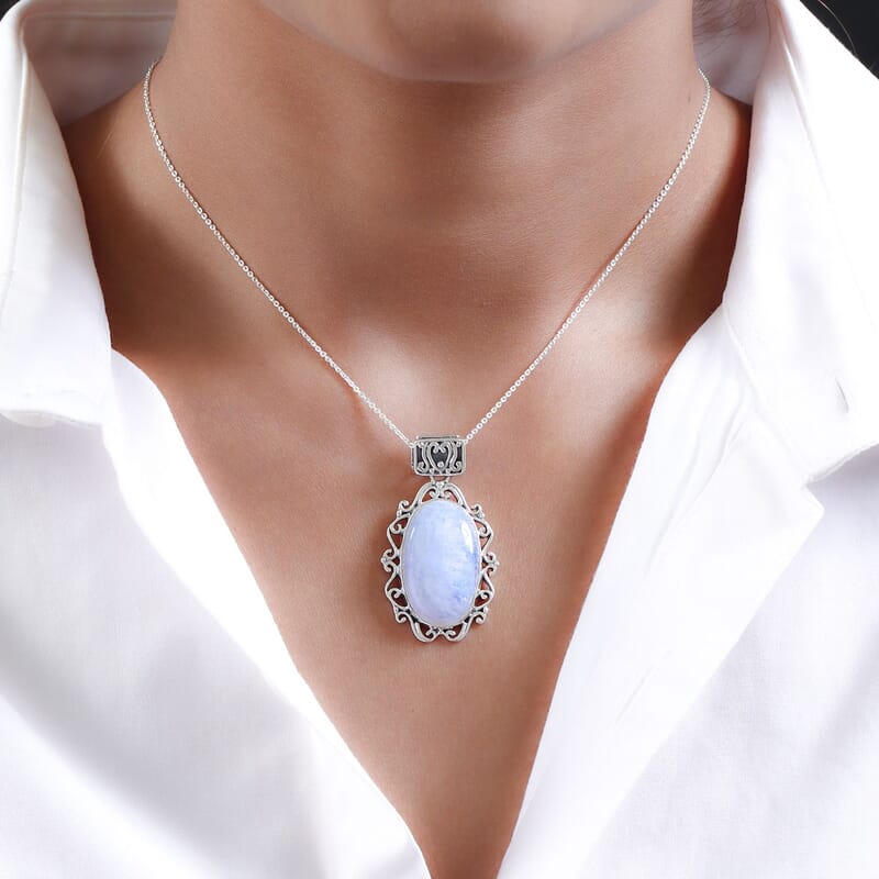 Artisan Crafted Rainbow Moonstone Pendant in Sterling Silver 21.00 ctw