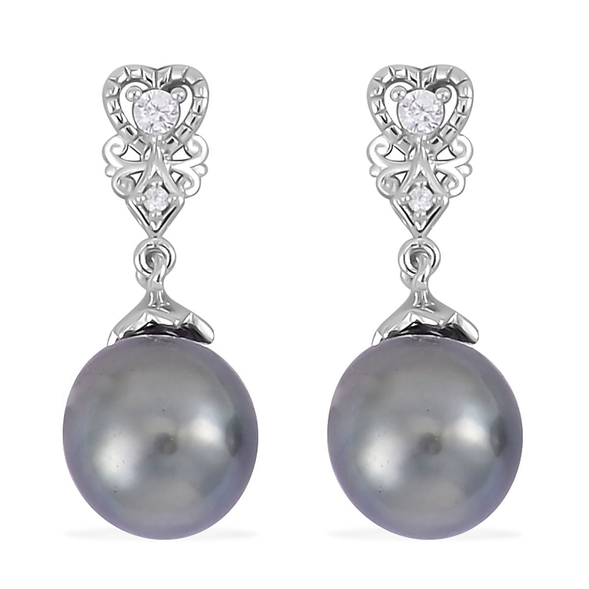 Tahitian Cultured Pearl and White Zircon Drop Earrings in Sterling Silver 0.25 ctw