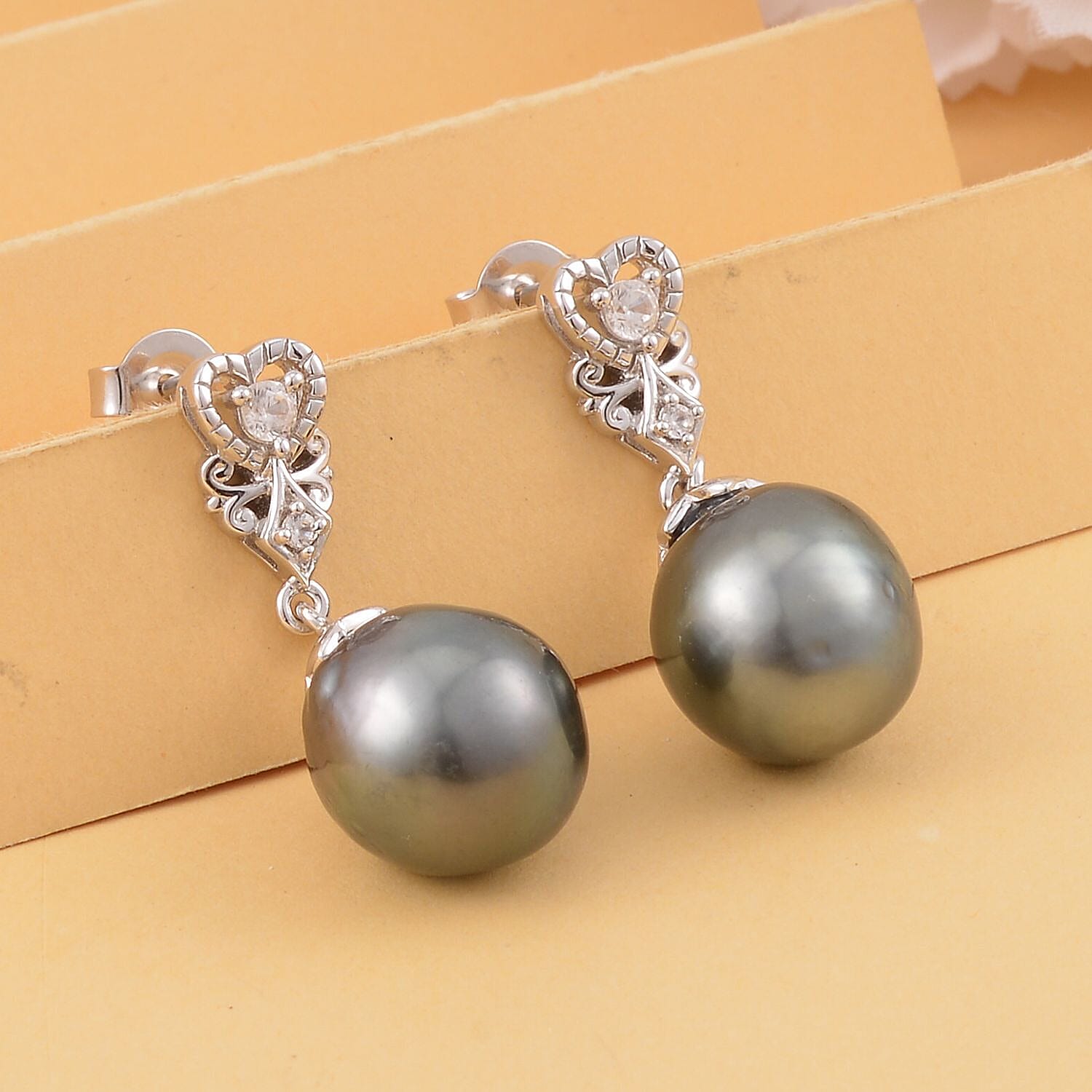 Tahitian Cultured Pearl and White Zircon Drop Earrings in Sterling Silver 0.25 ctw