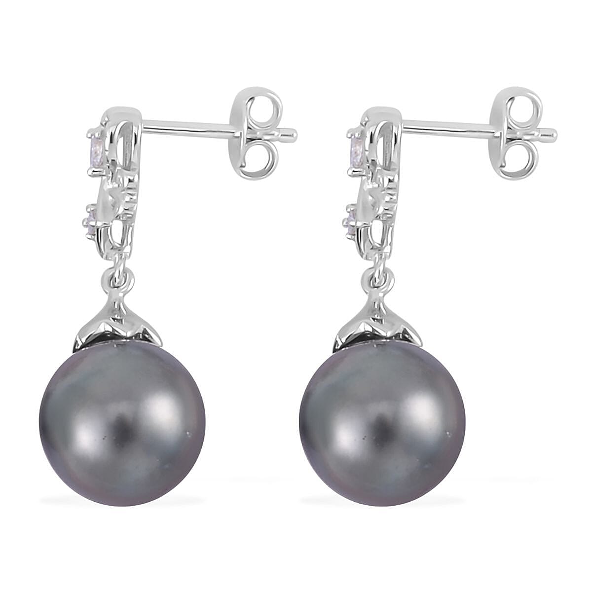 Tahitian Cultured Pearl and White Zircon Drop Earrings in Sterling Silver 0.25 ctw