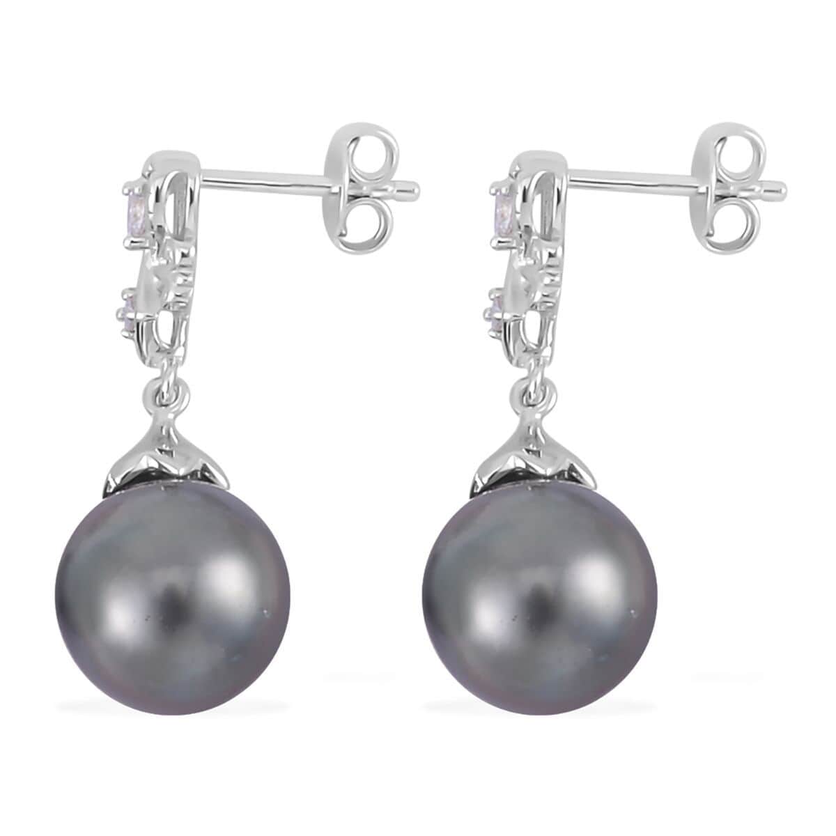 Tahitian Cultured Pearl and White Zircon Drop Earrings in Sterling Silver 0.25 ctw image number 3