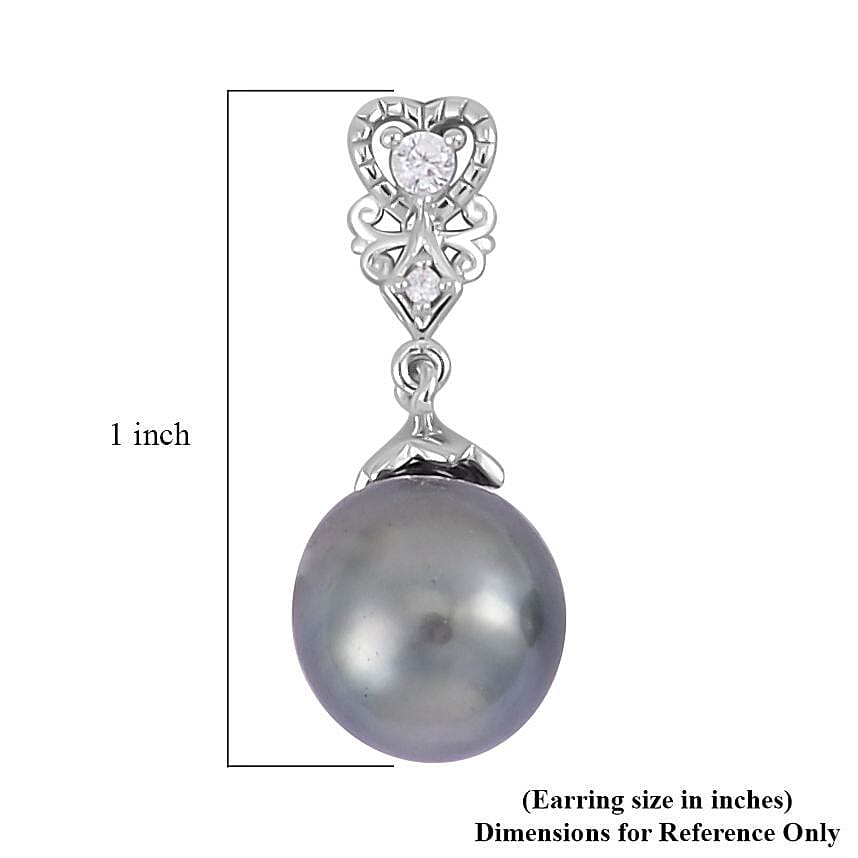Tahitian Cultured Pearl and White Zircon Drop Earrings in Sterling Silver 0.25 ctw