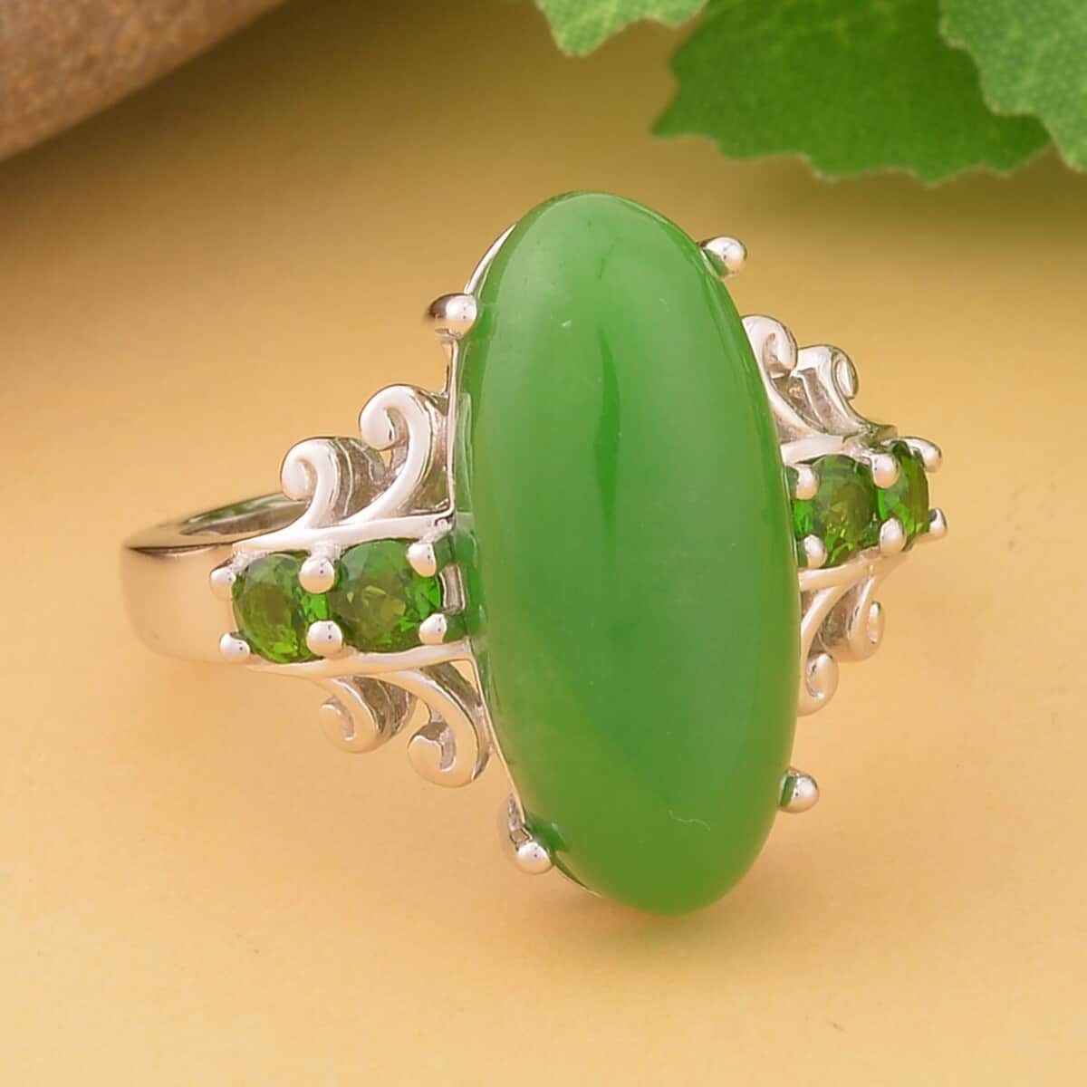 Green Jade (D) and Natural Chrome Diopside Ring in Sterling Silver 10.25 ctw image number 1