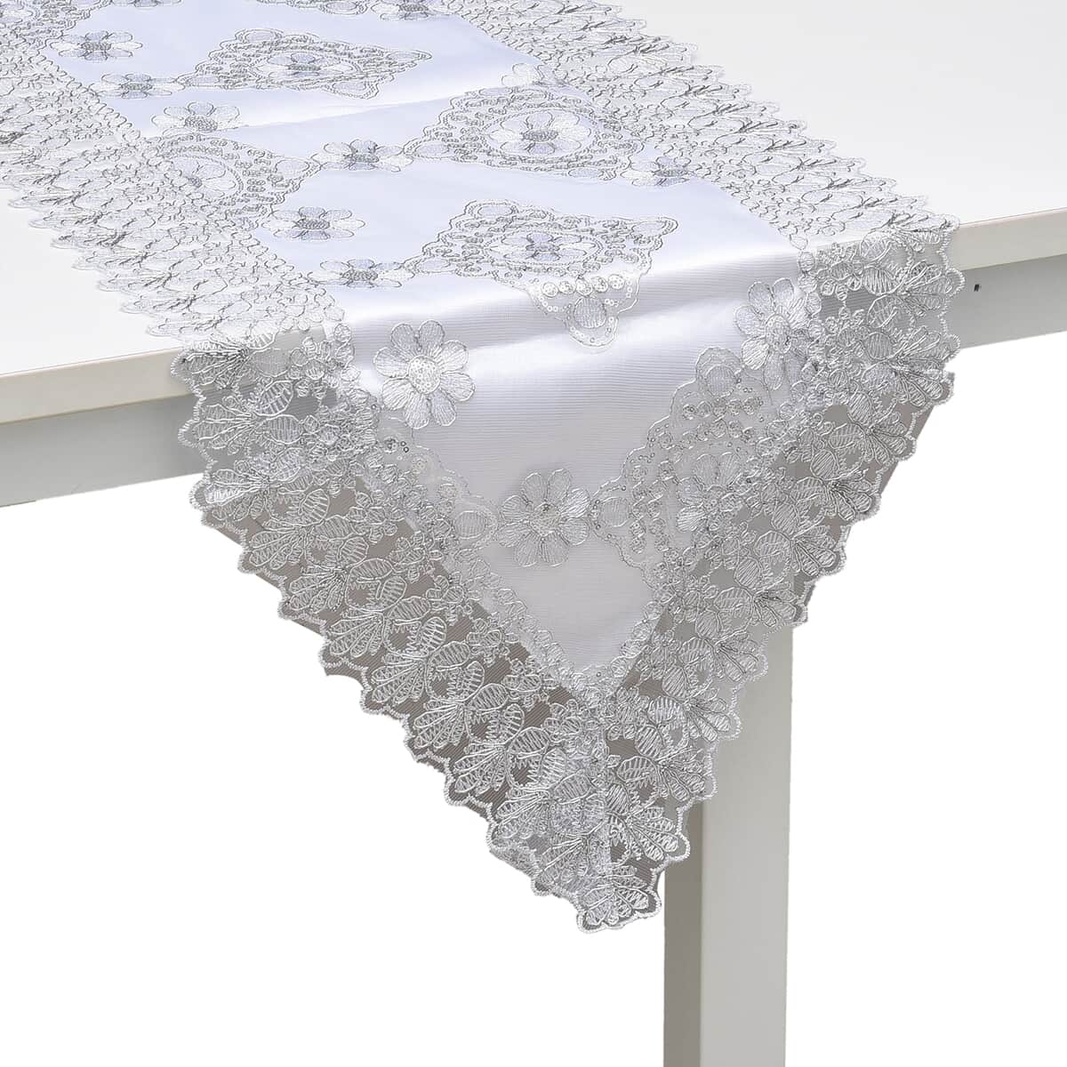 Homesmart White, Silver Dining Table Runner Embroidered Polyester Room Decor Kitchen Rustic Lace Tablecloth for Wedding Decor image number 0