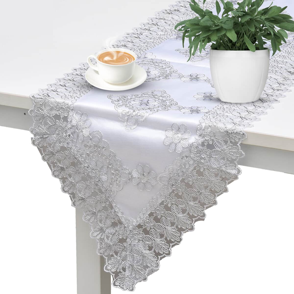 Homesmart White, Silver Dining Table Runner Embroidered Polyester Room Decor Kitchen Rustic Lace Tablecloth for Wedding Decor image number 1