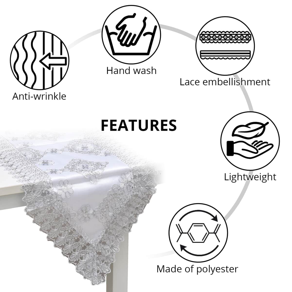Homesmart White, Silver Dining Table Runner Embroidered Polyester Room Decor Kitchen Rustic Lace Tablecloth for Wedding Decor image number 2