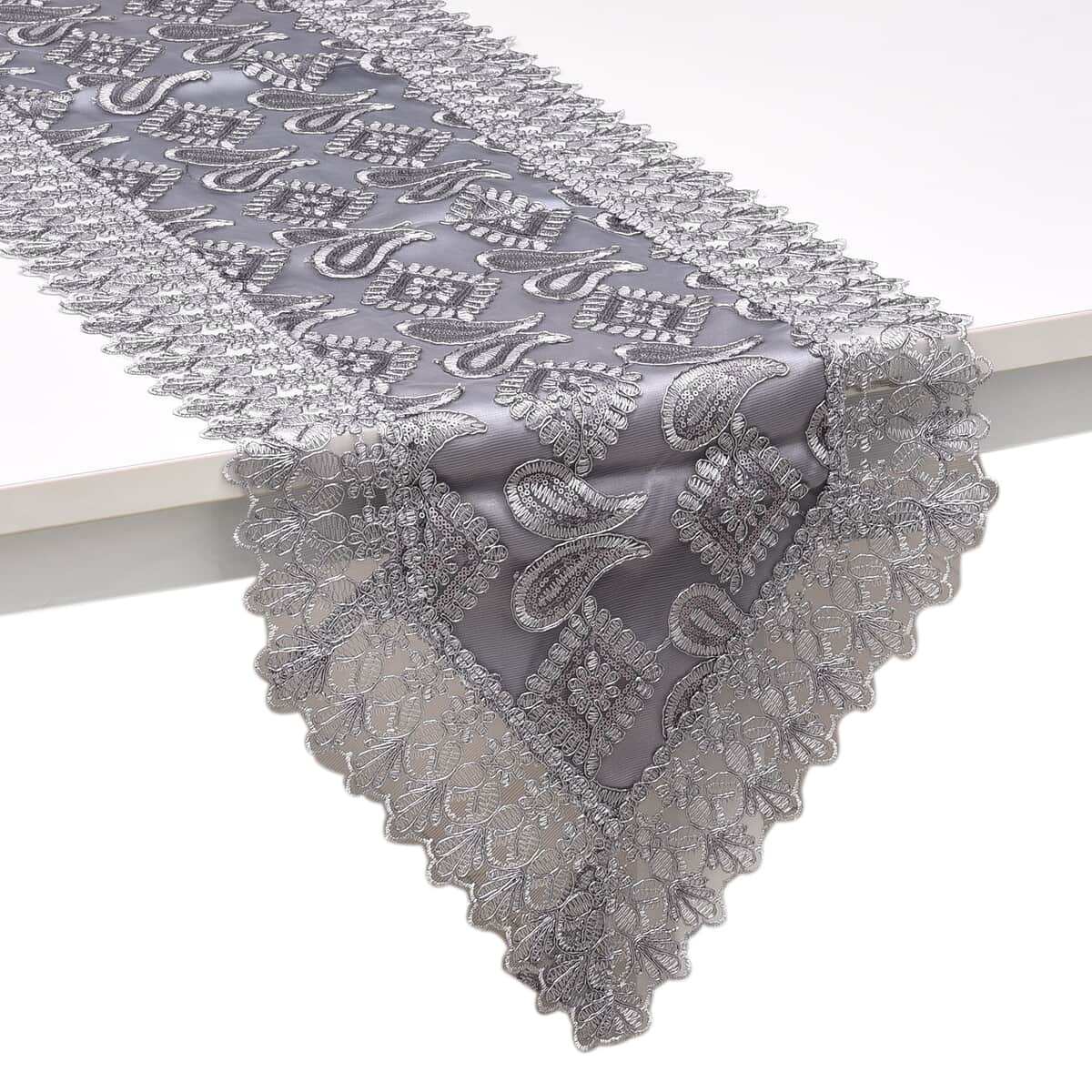 Homesmart Gray, Silver Paisley Pattern Polyester Lace Table Runner image number 0