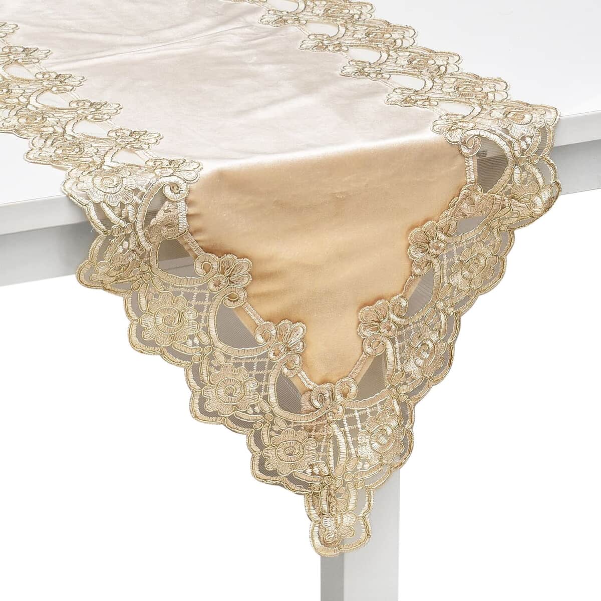 Homesmart Khaki Elegant Damask Pattern Polyester & Velvety Table Runner with Gold Lace Border image number 0
