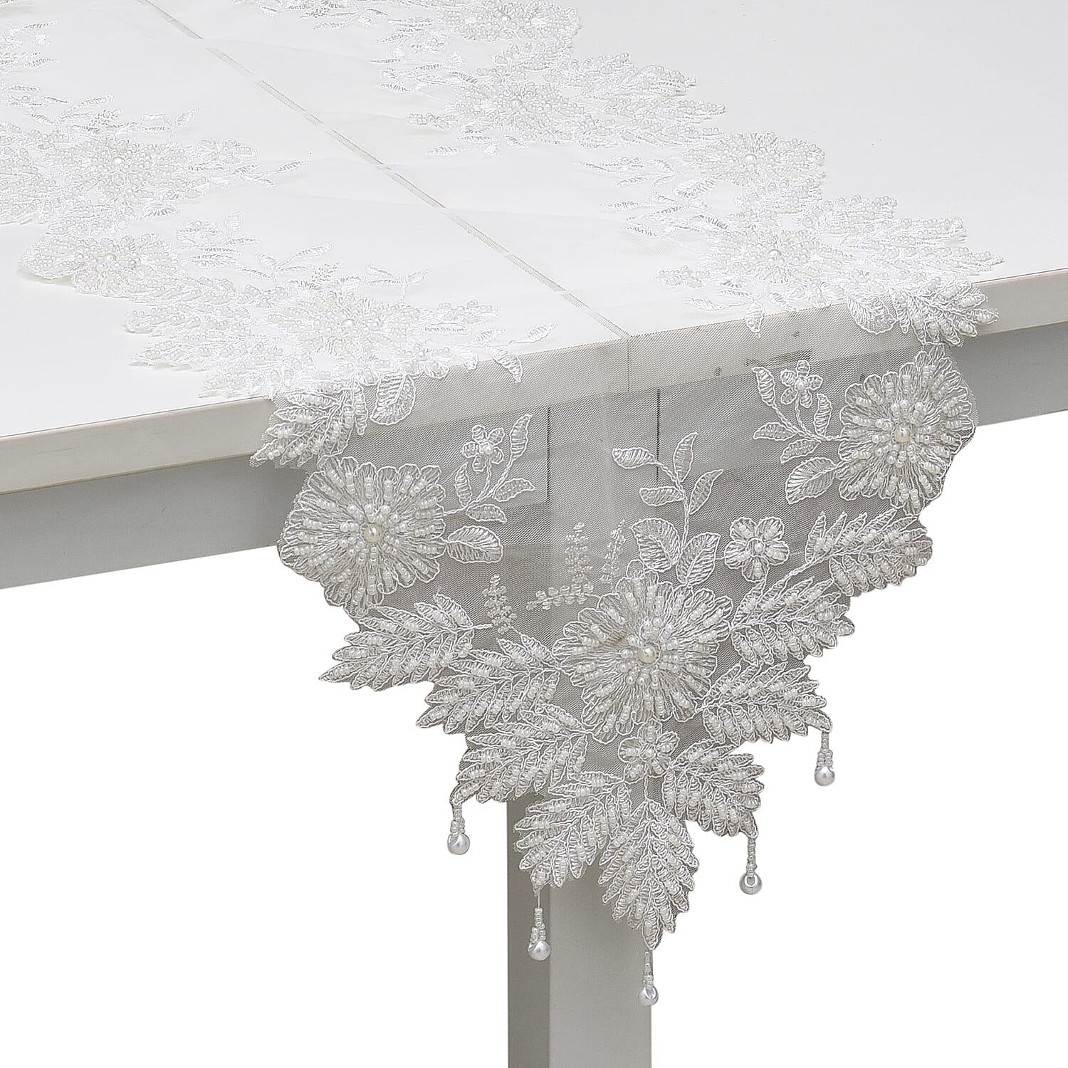 Homesmart White Full Lace & Embroidered Polyester Table Runner with Beaded