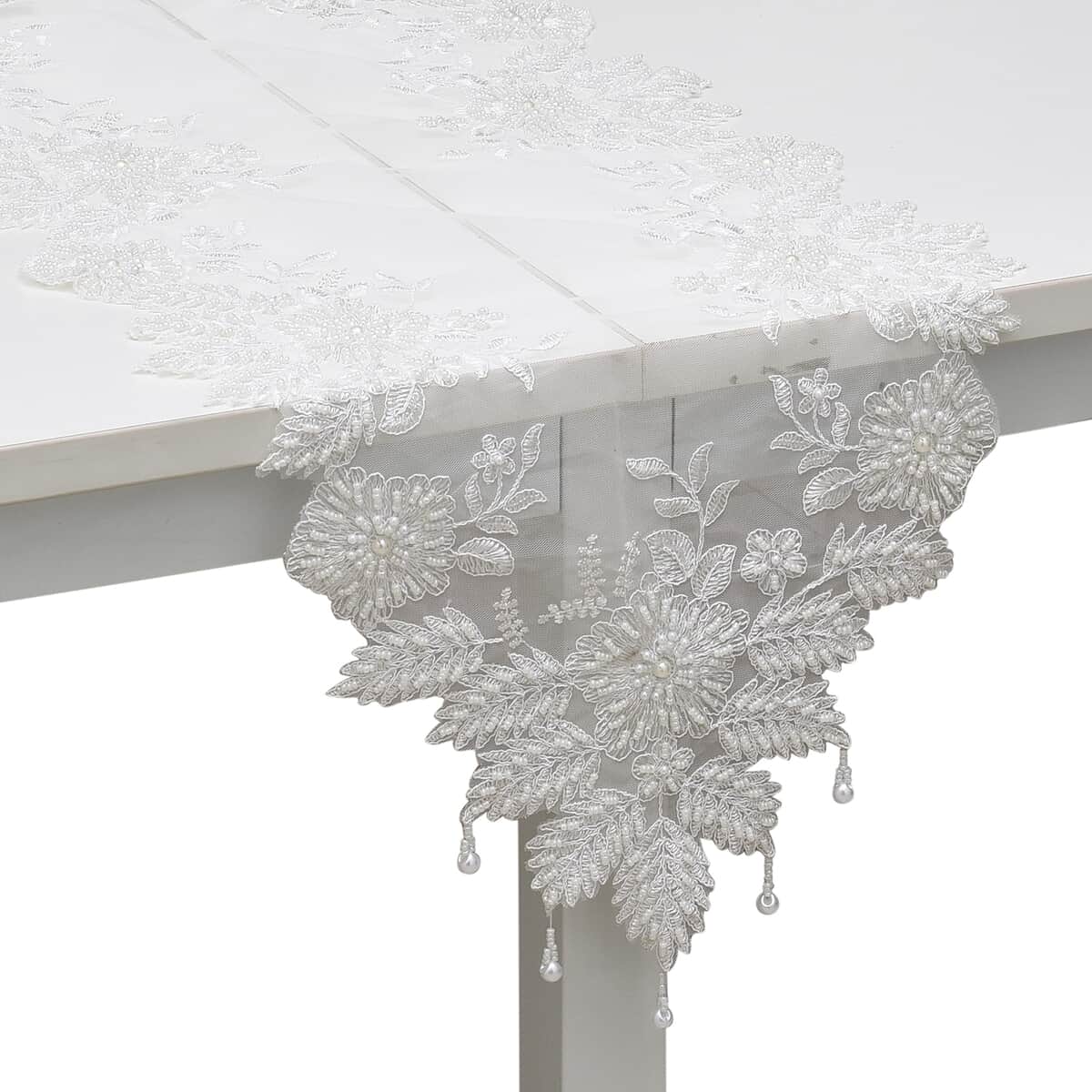 Homesmart White Full Lace & Embroidered Polyester Table Runner with Beaded image number 0