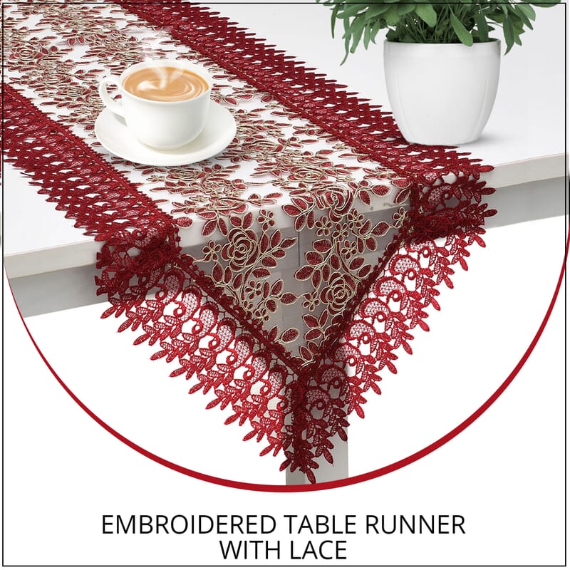 Homesmart Wine Dining Table Runner Embroidered Polyester Room Decor Kitchen Rustic Lace Tablecloth for Wedding Decor