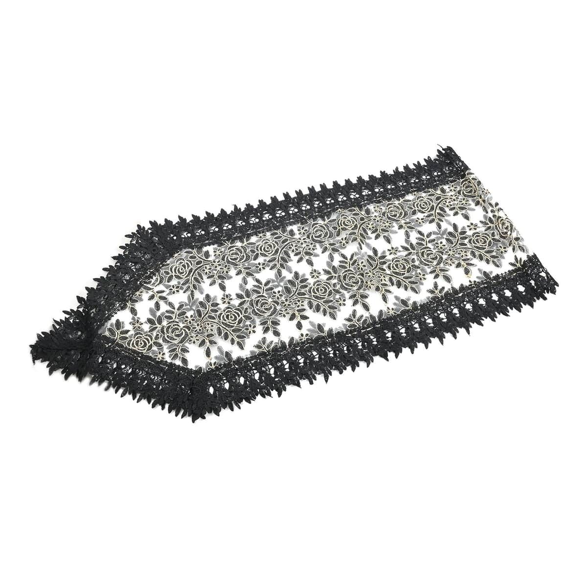 Homesmart Black Polyester Embroidered with Golden Lines Table Runner with Lace image number 0