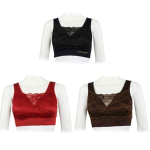 Sankom Set of 3 Patent Support & Posture Lace Bras - S/M , Black, Bordeaux, and Coffee