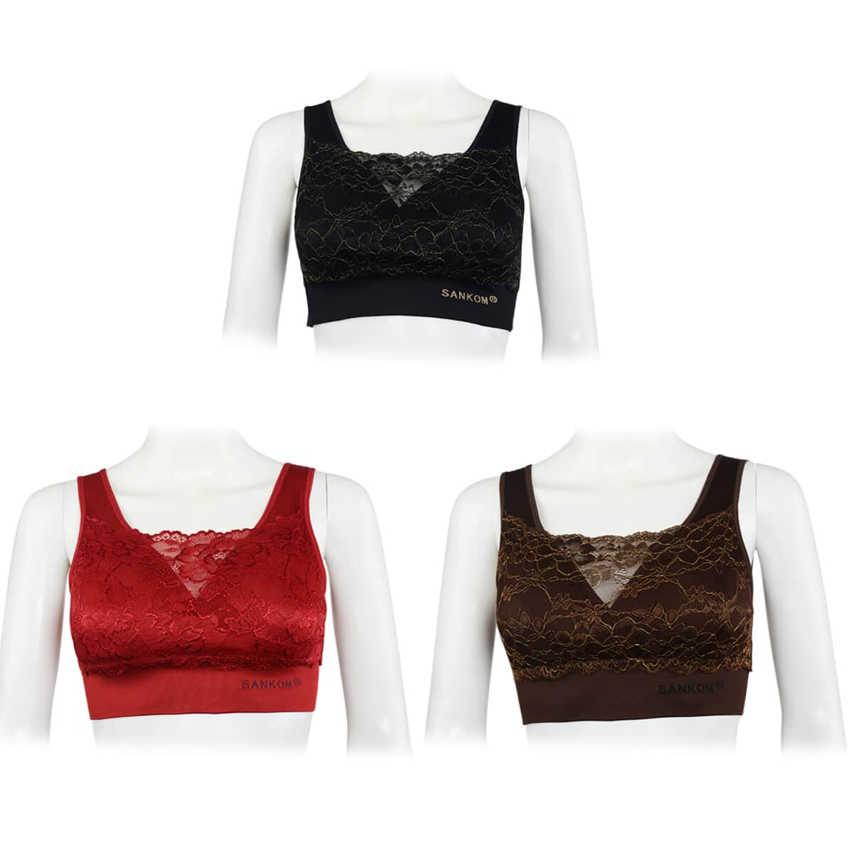 Sankom Set of 3 Patent Support & Posture Lace Bras - M/L | Black, Bordeaux, and Coffee image number 0