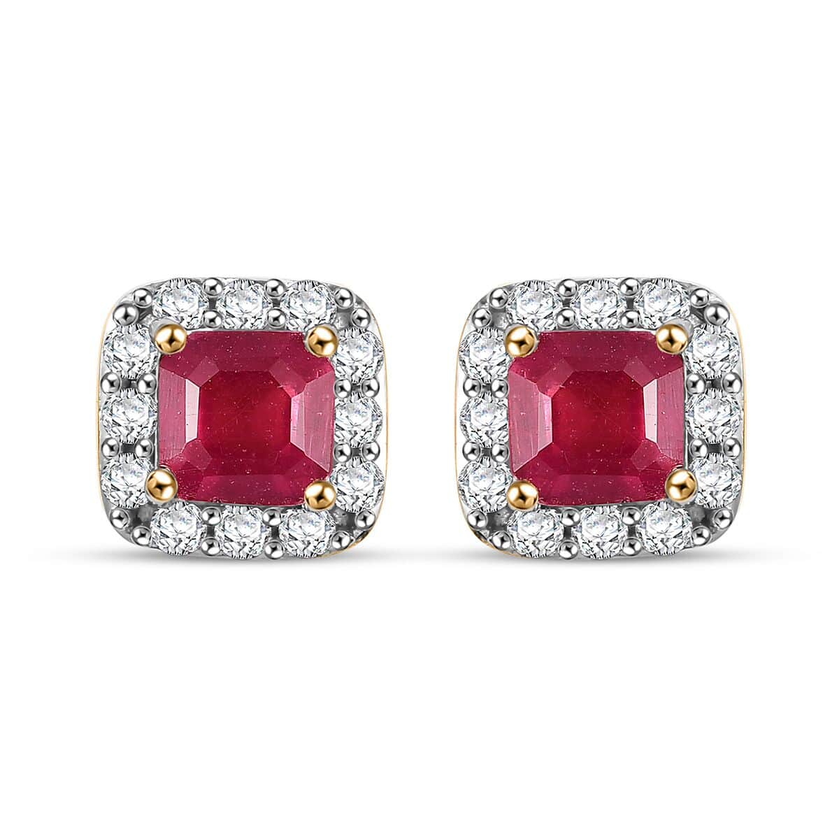 Asscher Cut Niassa Ruby (FF) and White Zircon 2.50 ctw Earrings in 14K Yellow Gold Over Sterling Silver image number 0