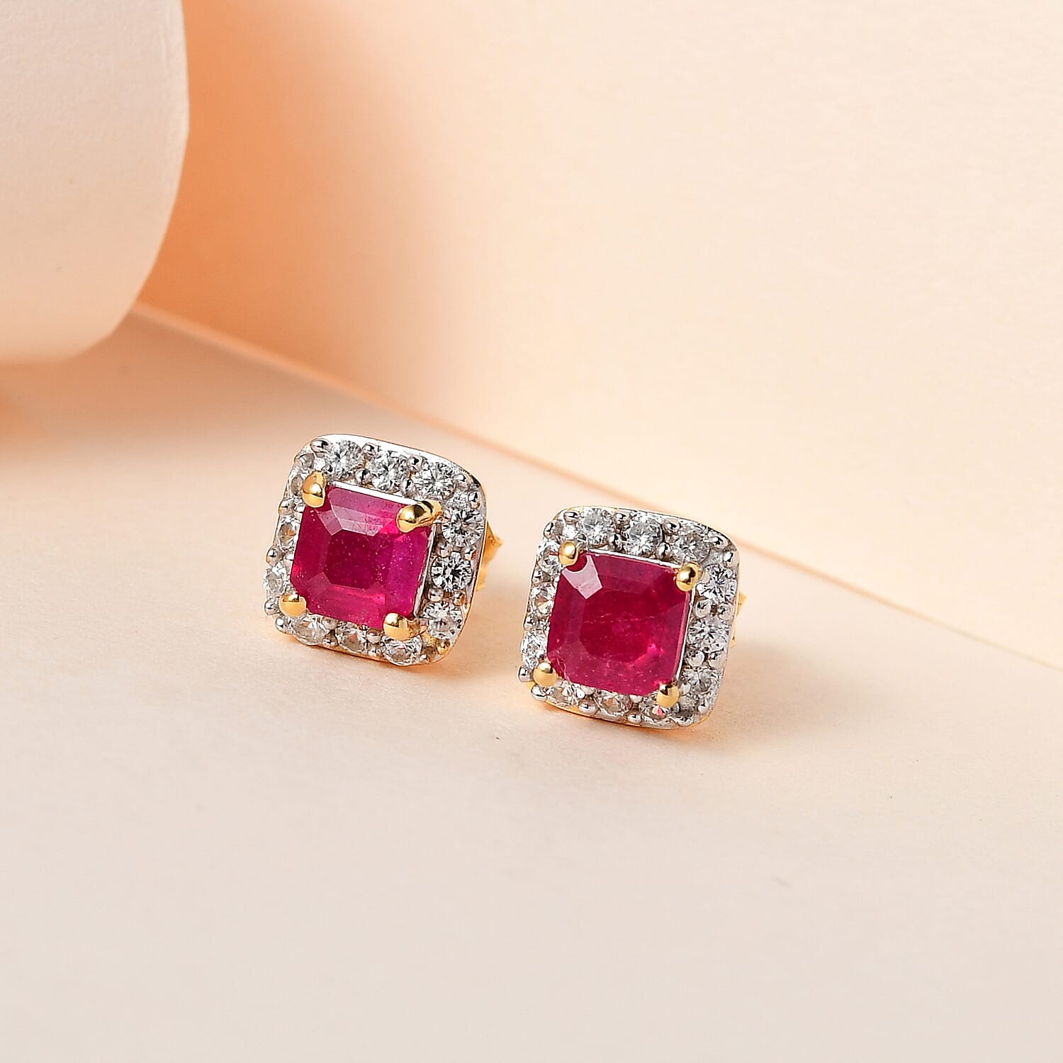 D'Joy Asscher Cut Niassa Ruby (FF) and White Zircon 2.50 ctw Earrings in 14K Yellow Gold Over Sterling Silver