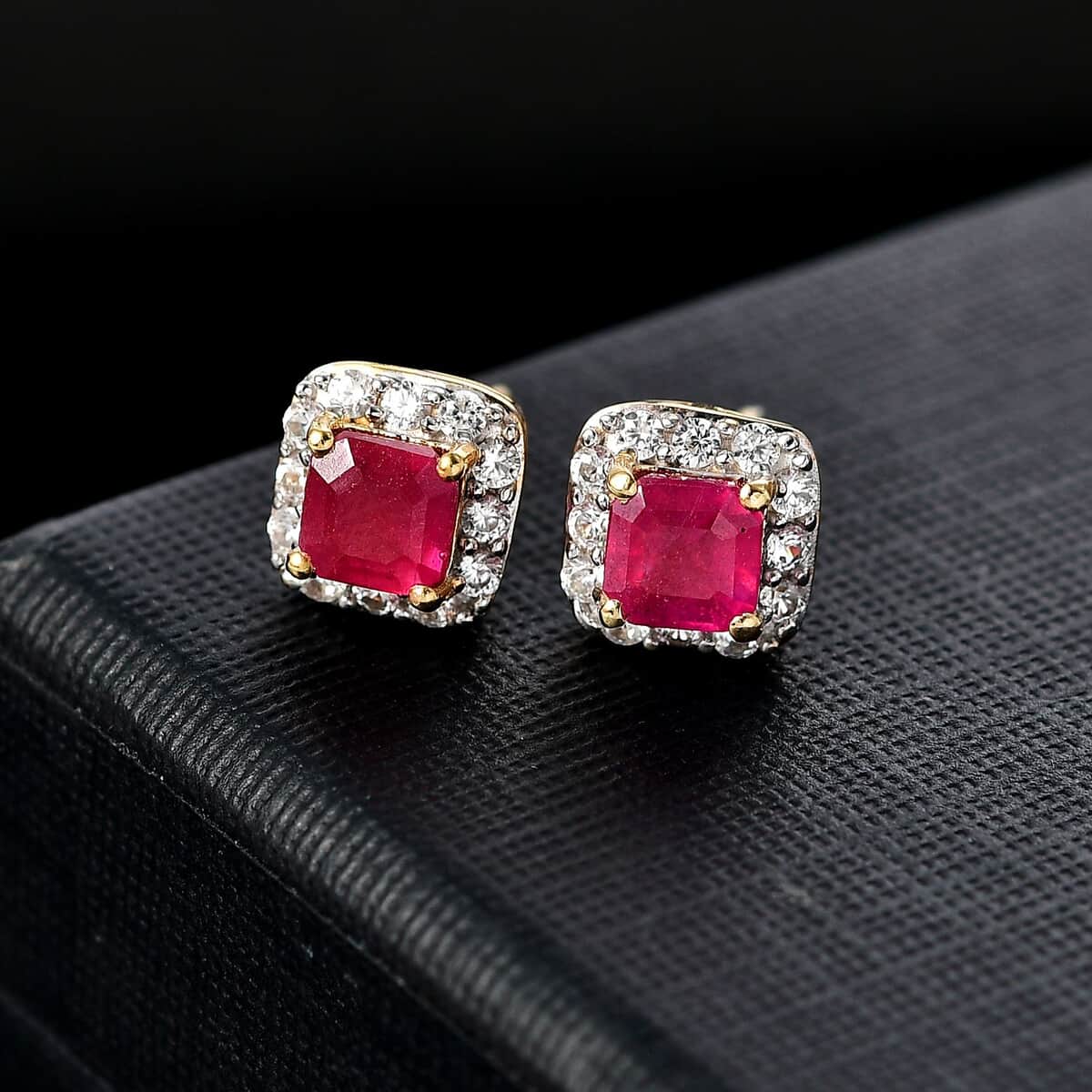 Asscher Cut Niassa Ruby (FF) and White Zircon 2.50 ctw Earrings in 14K Yellow Gold Over Sterling Silver image number 1