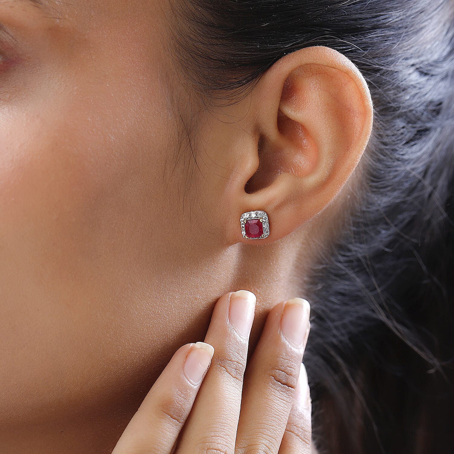 D'Joy Asscher Cut Niassa Ruby (FF) and White Zircon 2.50 ctw Earrings in 14K Yellow Gold Over Sterling Silver