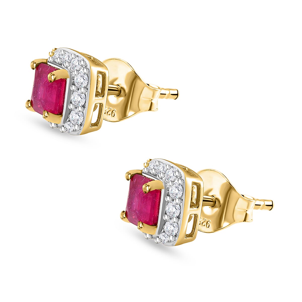 D'Joy Asscher Cut Niassa Ruby (FF) and White Zircon 2.50 ctw Earrings in 14K Yellow Gold Over Sterling Silver
