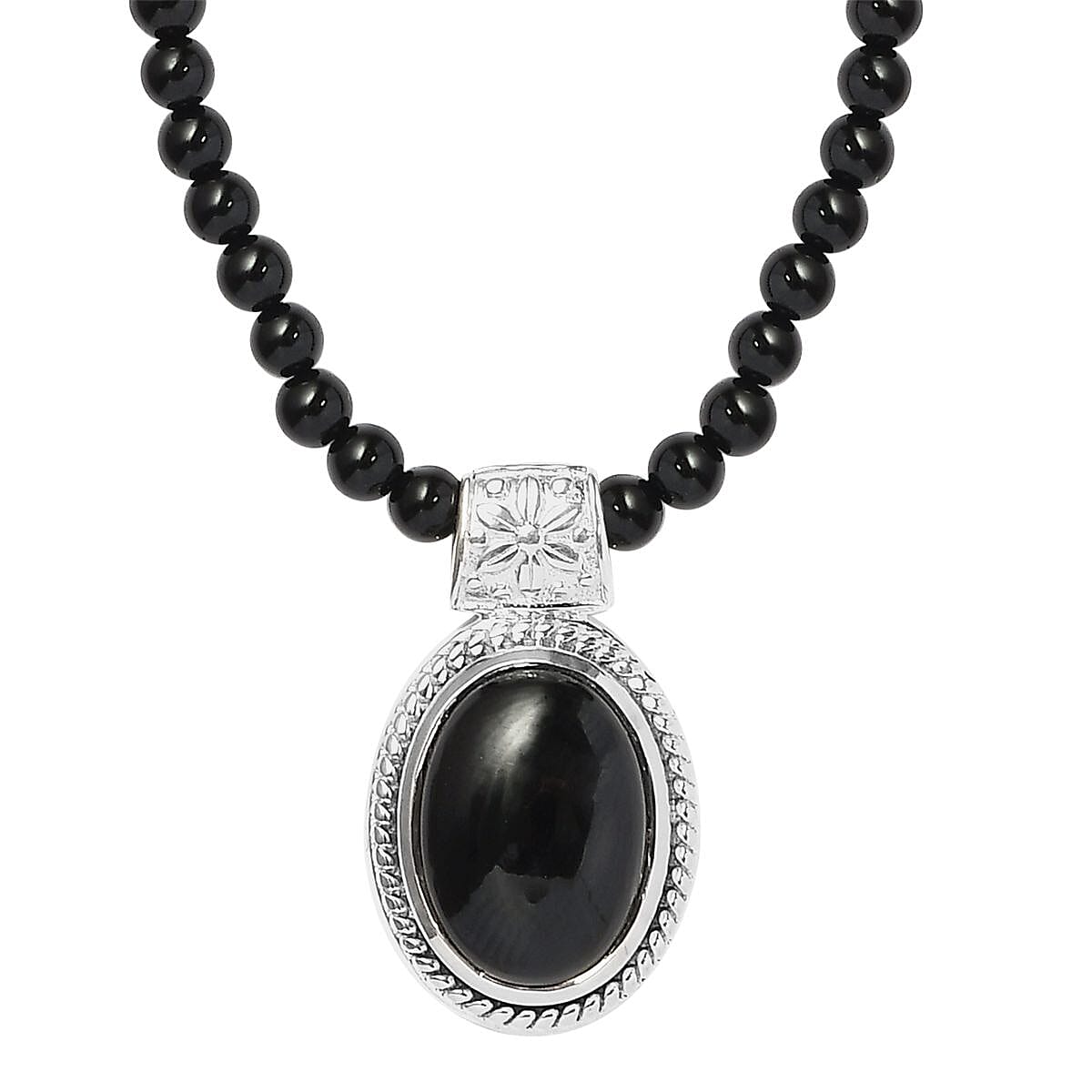Artisan Crafted Black Onyx Pendant with Beaded Necklace 20 Inches in Platinum Over Sterling Silver 80.00 ctw
