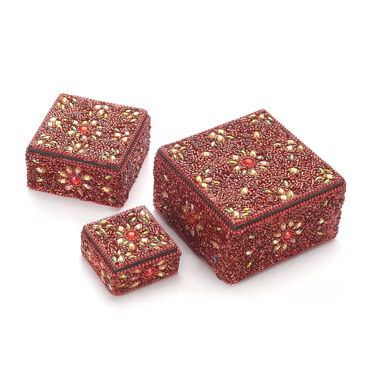 Value By Set of 3 Handcrafted Red Embellished Nesting Boxes (4,3,2) image number 2