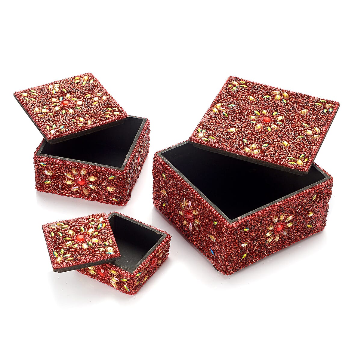 Value By Set of 3 Handcrafted Red Embellished Nesting Boxes (4,3,2) image number 3