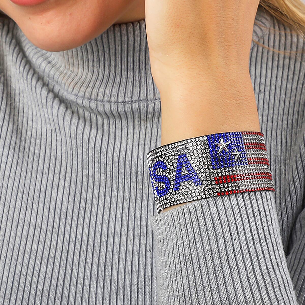 Multi Color Austrian Crystal USA Flag Bracelet in Silvertone (7.25 In) image number 2