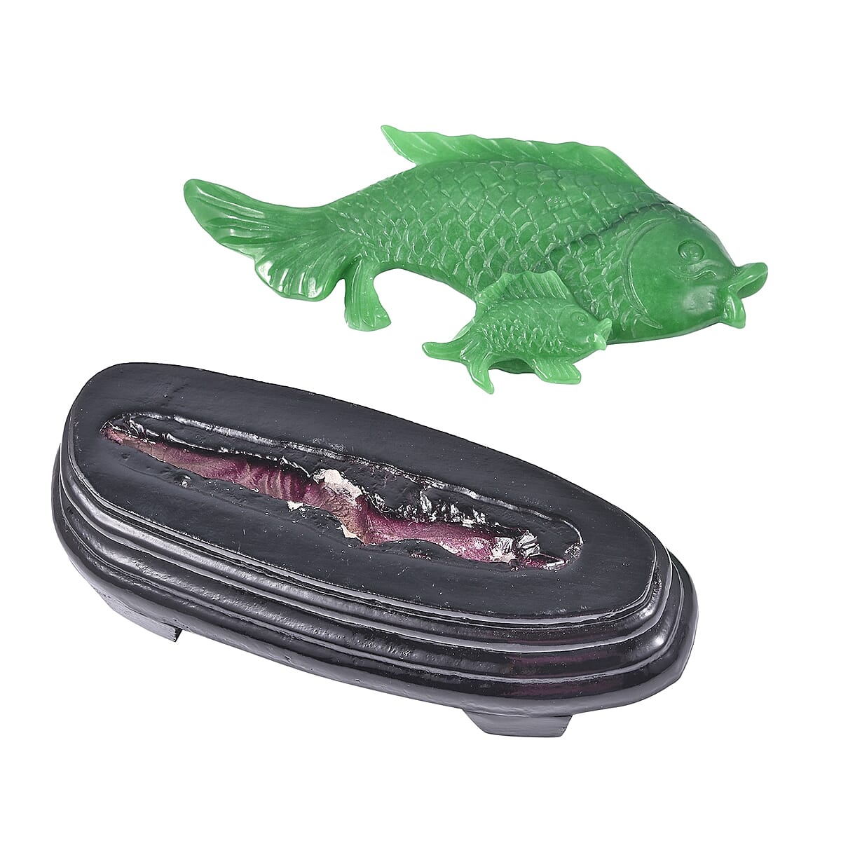 Hand Carved Green Jade Fish Gem Decor with Wooden Seat image number 1