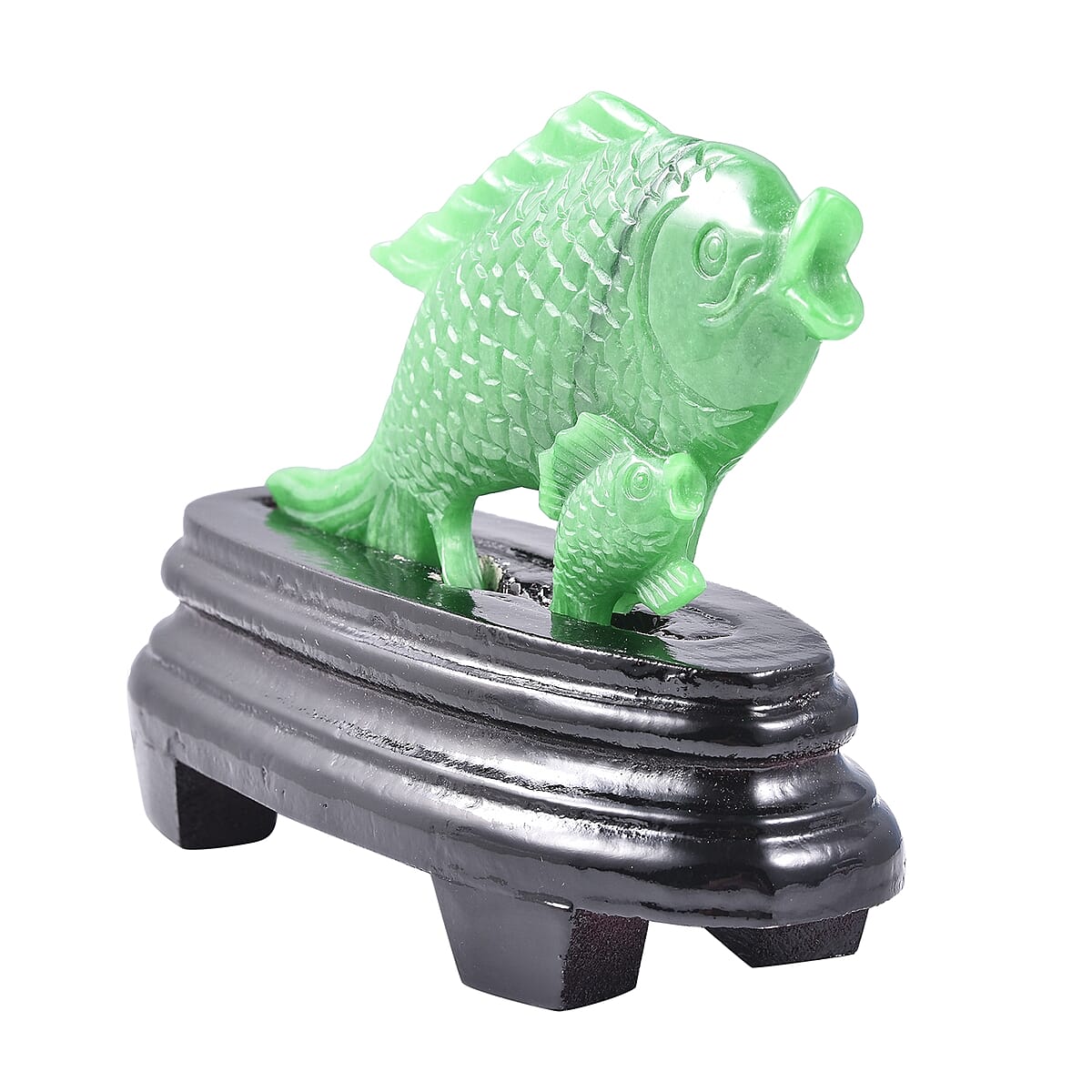 Hand Carved Green Jade Fish Gem Decor with Wooden Seat image number 2