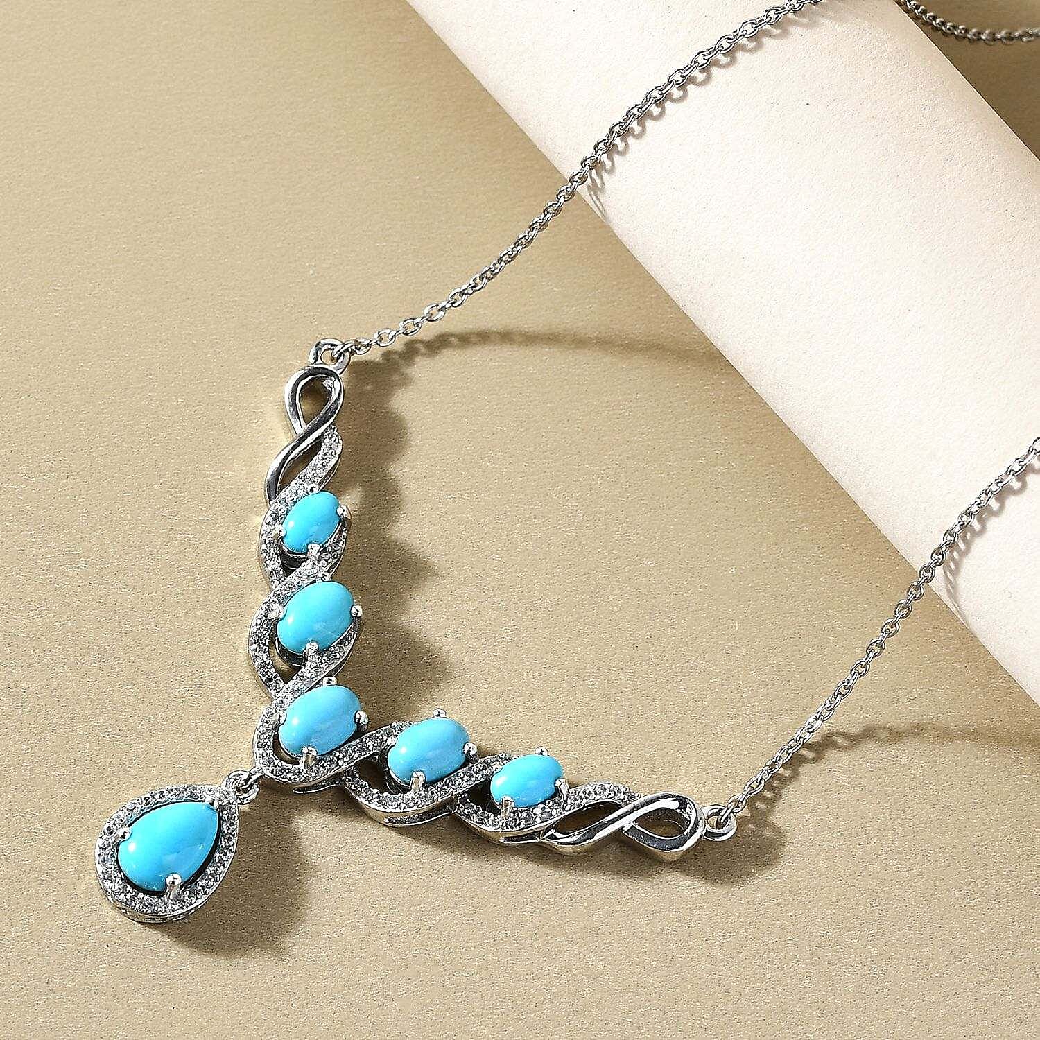 D'Joy Premium Sleeping Beauty Turquoise White Zircon 5.25 ctw Necklace, 18 Inch Necklace, Platinum Over Sterling Silver Necklace