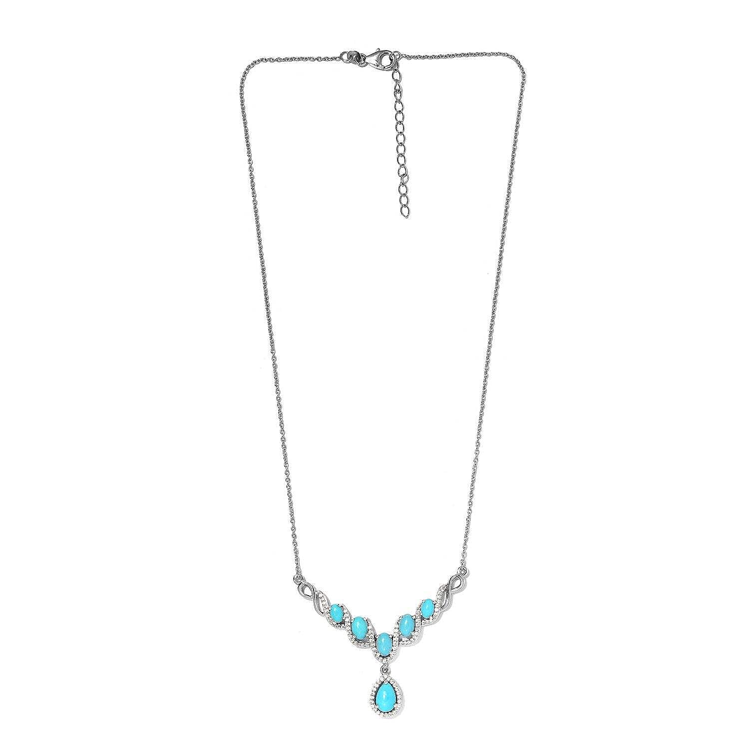 D'Joy Premium Sleeping Beauty Turquoise White Zircon 5.25 ctw Necklace, 18 Inch Necklace, Platinum Over Sterling Silver Necklace