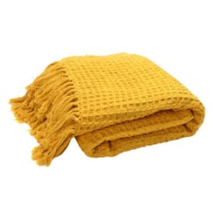 Mustard Honeycomb Pattern Throw with Tassels (Cotton)