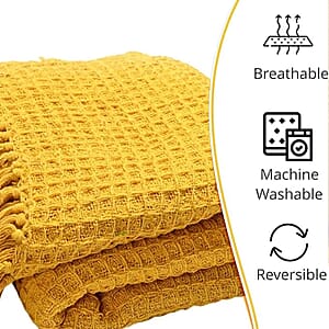 Mustard Honeycomb Pattern Throw with Tassels (Cotton)