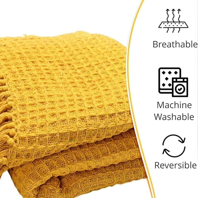 Mustard Honeycomb Pattern Throw with Tassels (Cotton)