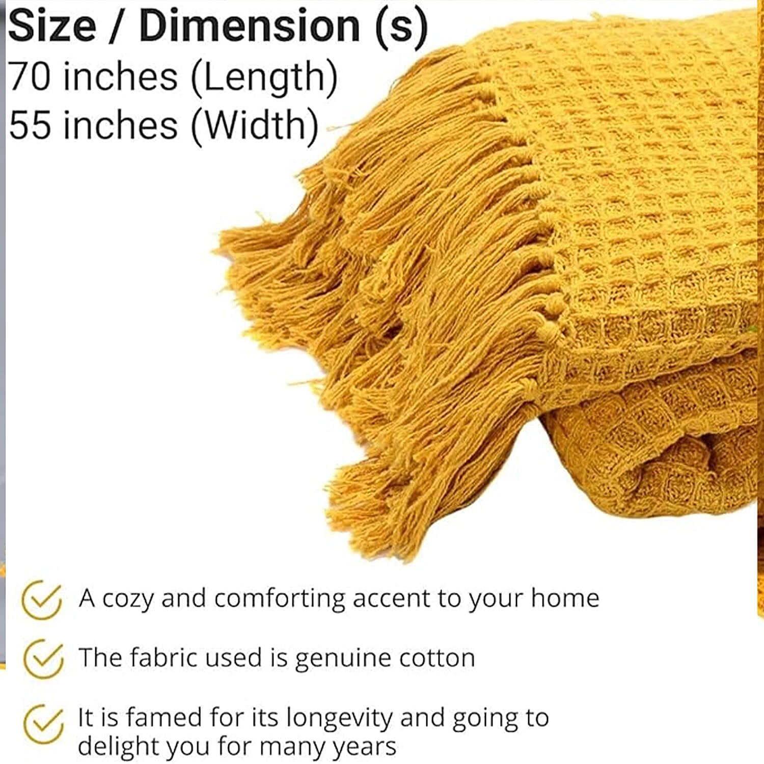 Mustard Honeycomb Pattern Throw with Tassels (Cotton)