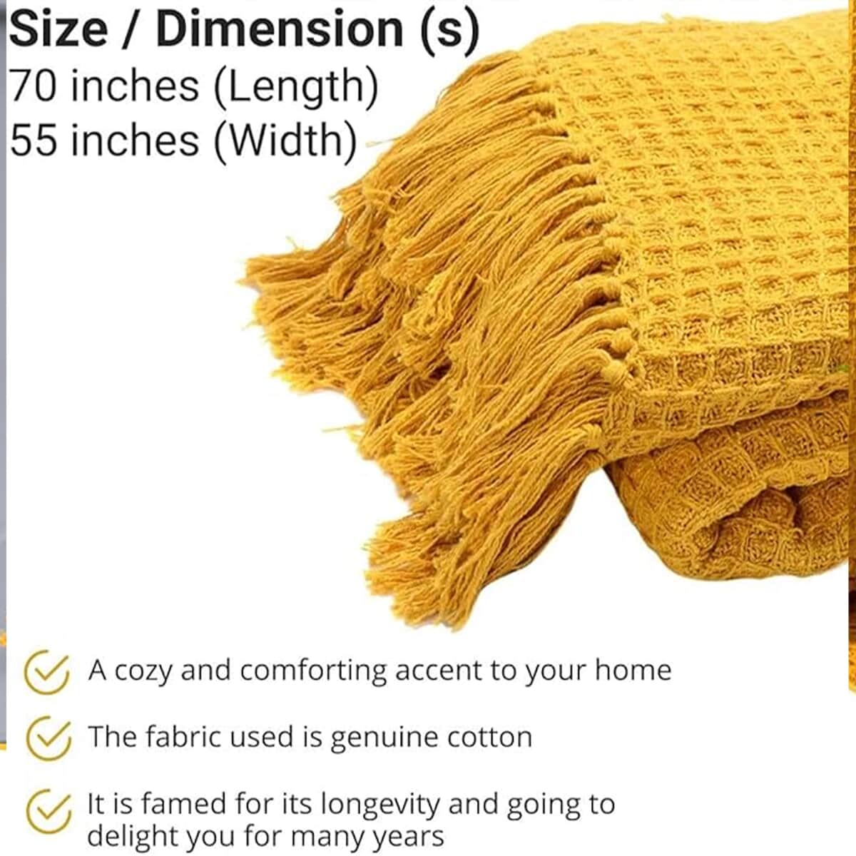 Mustard Honeycomb Pattern Throw with Tassels (Cotton) image number 5