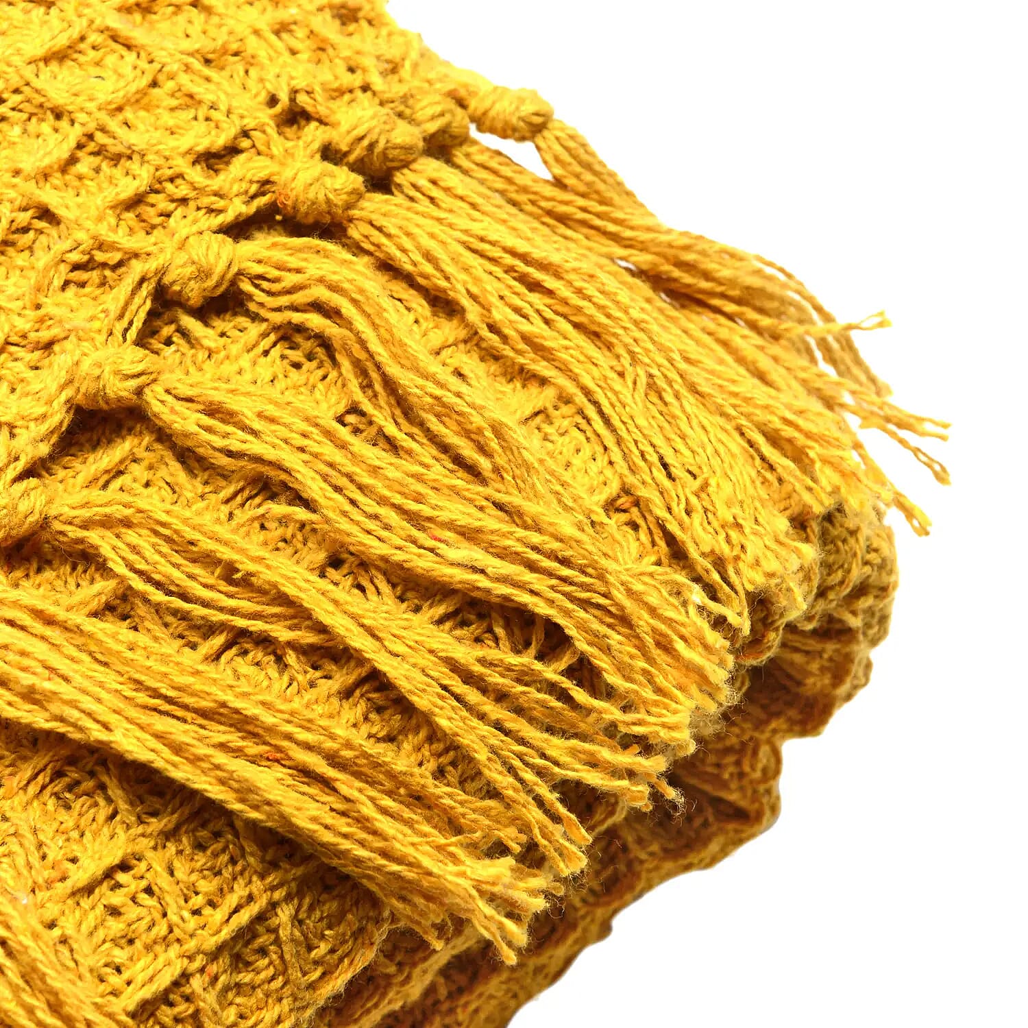 Mustard Honeycomb Pattern Throw with Tassels (Cotton)