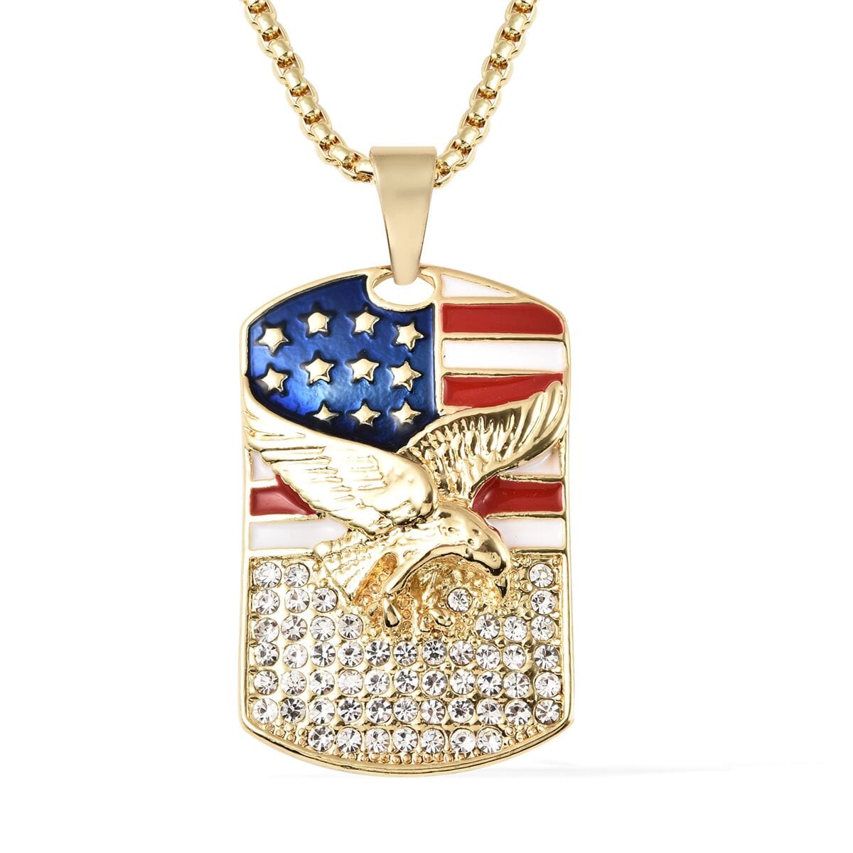 Austrian Crystal and Enameled American Flag Pendant Necklace 28-30 Inches in Goldtone image number 0