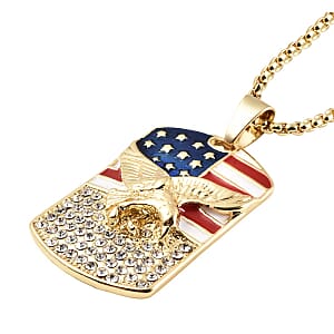 Austrian Crystal and Enameled American Flag Pendant Necklace 28-30 Inches in Goldtone