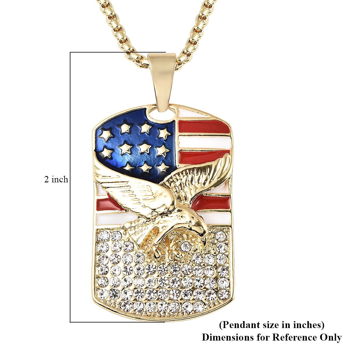 Austrian Crystal and Enameled American Flag Pendant Necklace 28-30 Inches in Goldtone