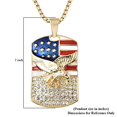 Austrian Crystal and Enameled American Flag Pendant Necklace 28-30 Inches in Goldtone