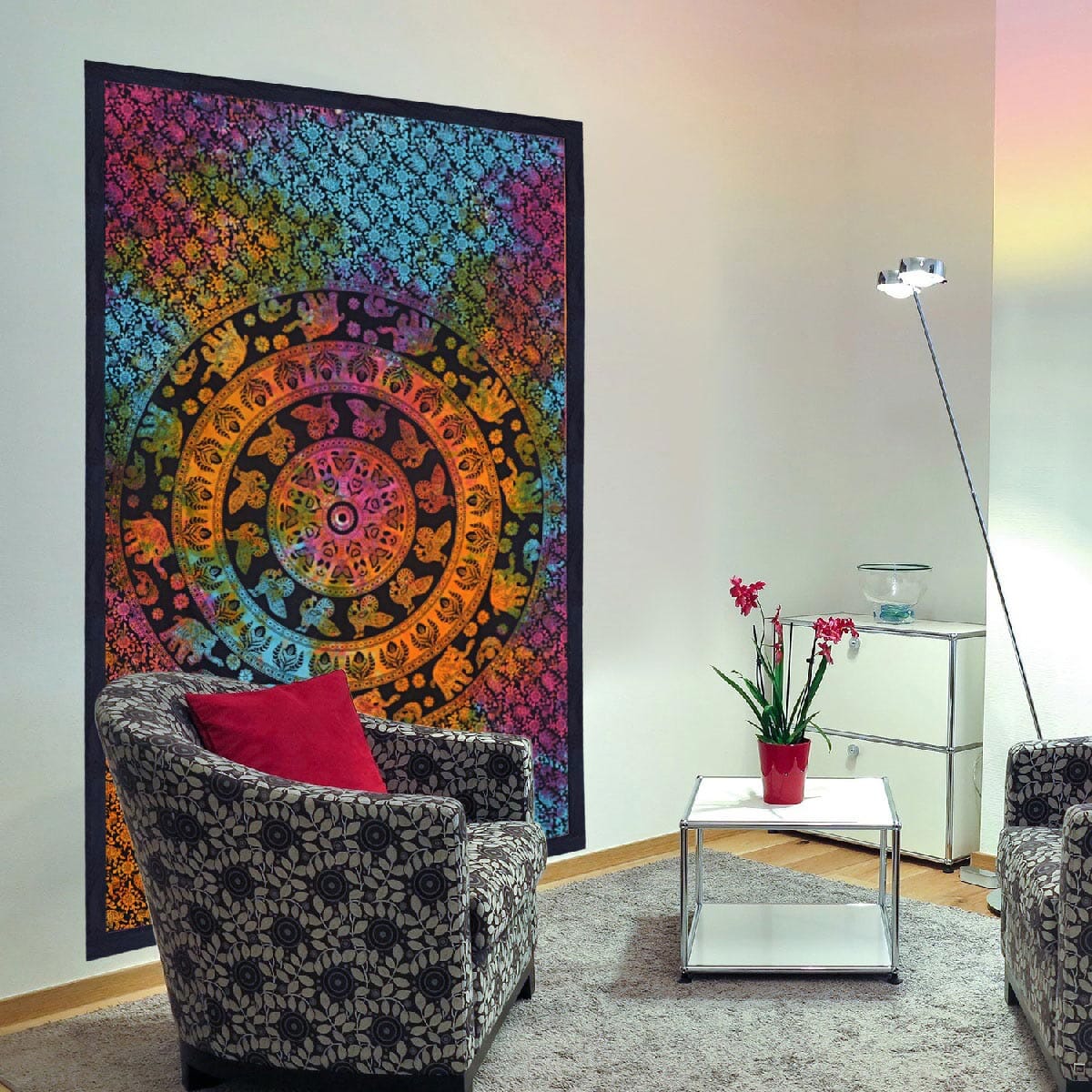 Multi Color Cotton Chakra Screen Printed Tie Dye Tapestry Wall Hanging image number 1