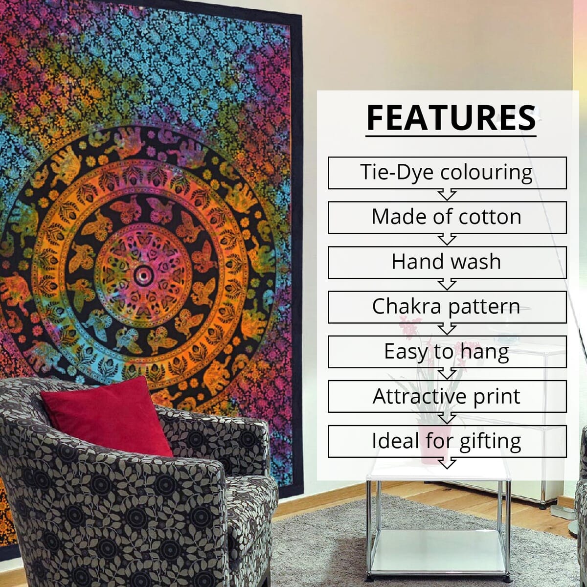 Multi Color Cotton Chakra Screen Printed Tie Dye Tapestry Wall Hanging image number 2