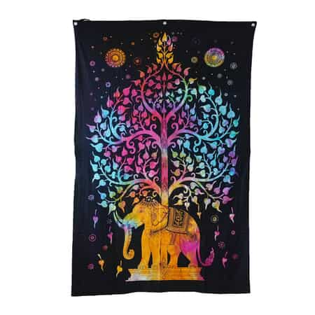 Multi Color Cotton Tree of Life Screen Printed Tie Dye Tapestry Wall Hanging image number 0