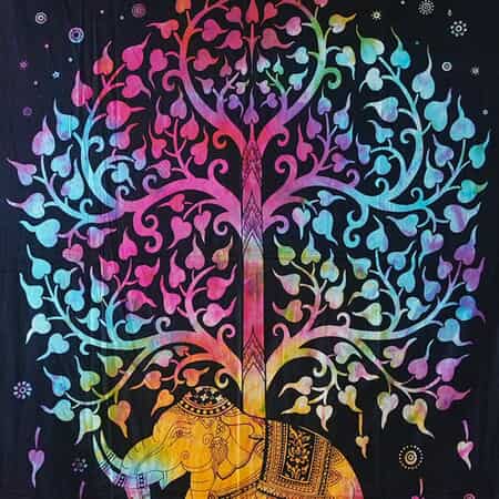 Multi Color Cotton Tree of Life Screen Printed Tie Dye Tapestry Wall Hanging image number 4
