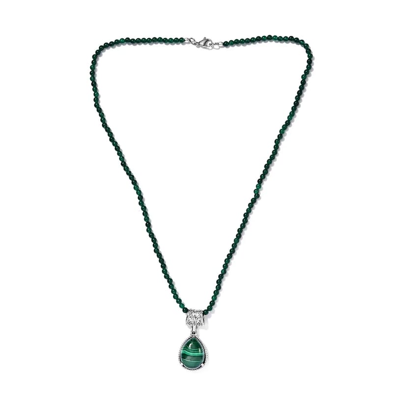 African Malachite 69.40 ctw Pendant With Green Quartzite Bead Necklace 20 Inches in Stainless Steel